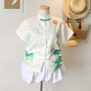 Dreamy Ocean Wave Print Button Up Blouse